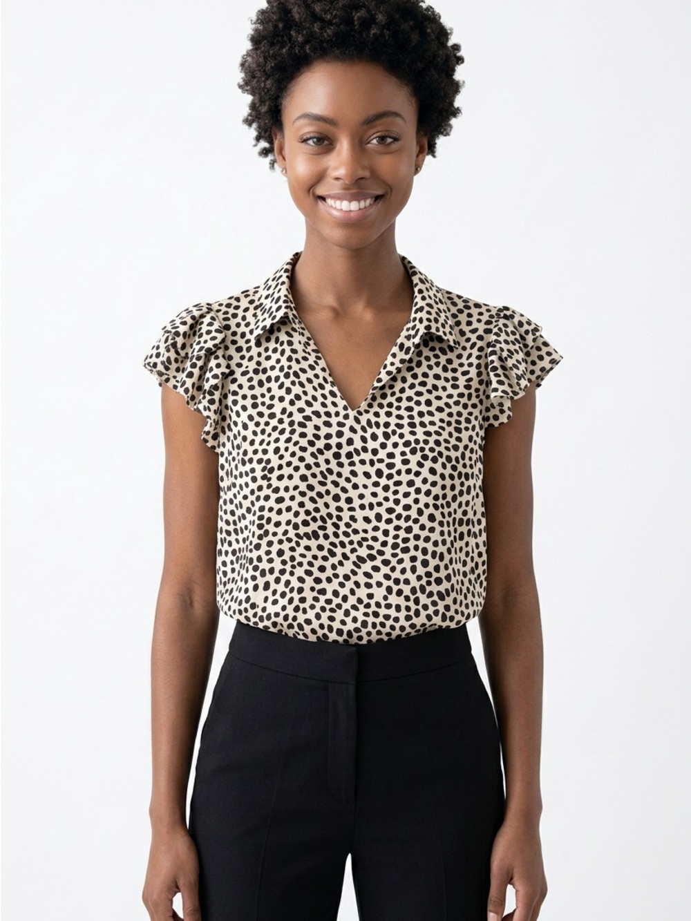 Tahari Cream Blouse with Black Dot Print and Flutter Sleeves